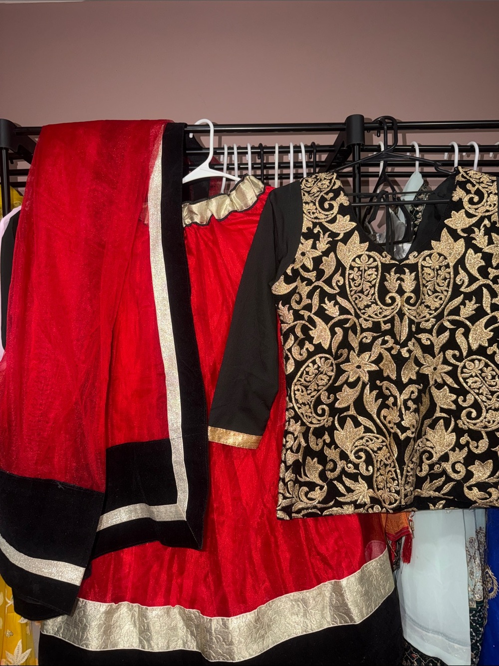 Red and Black Lehenga with Gold Embroidered Blouse
